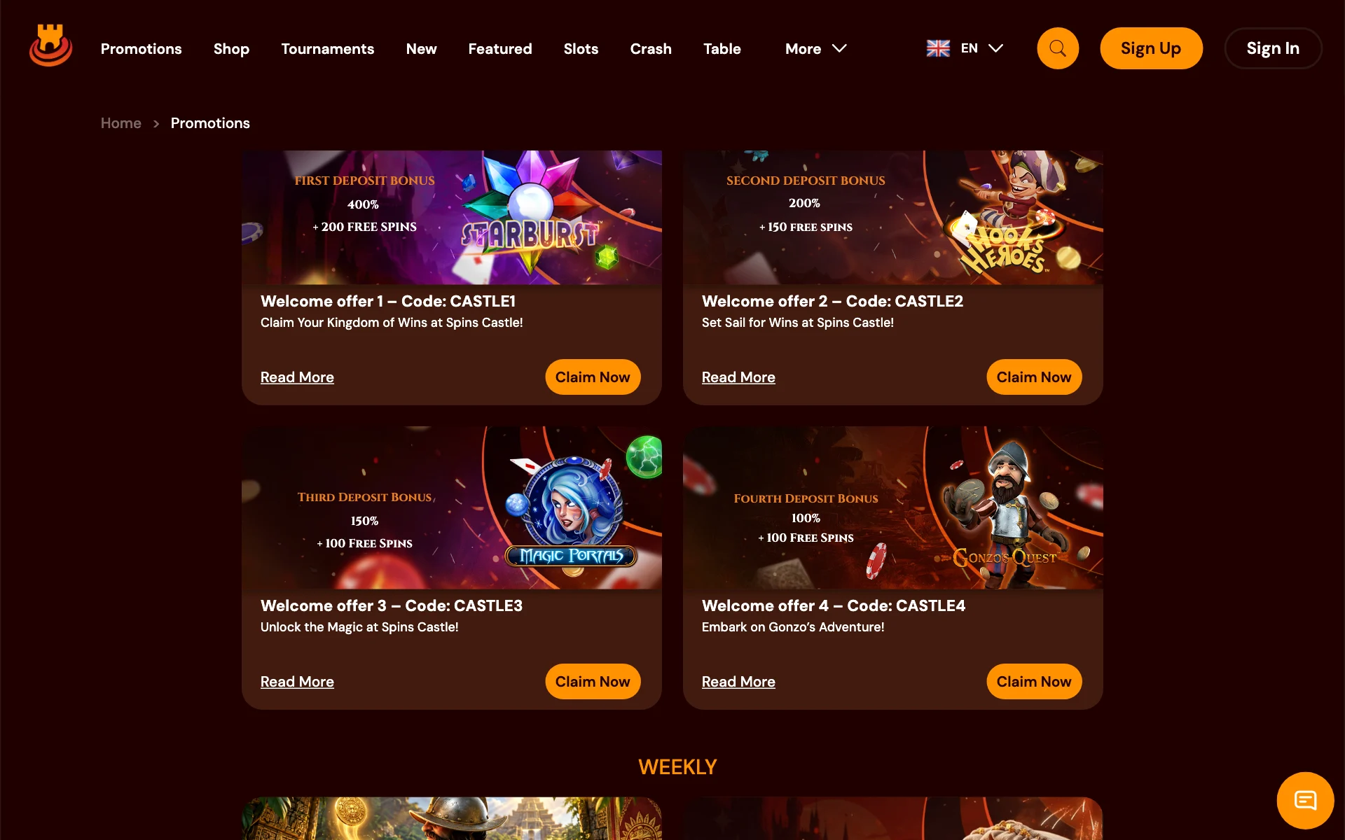 Spins Castle promotions page with the CASTLE1 to CASTLE4 cards