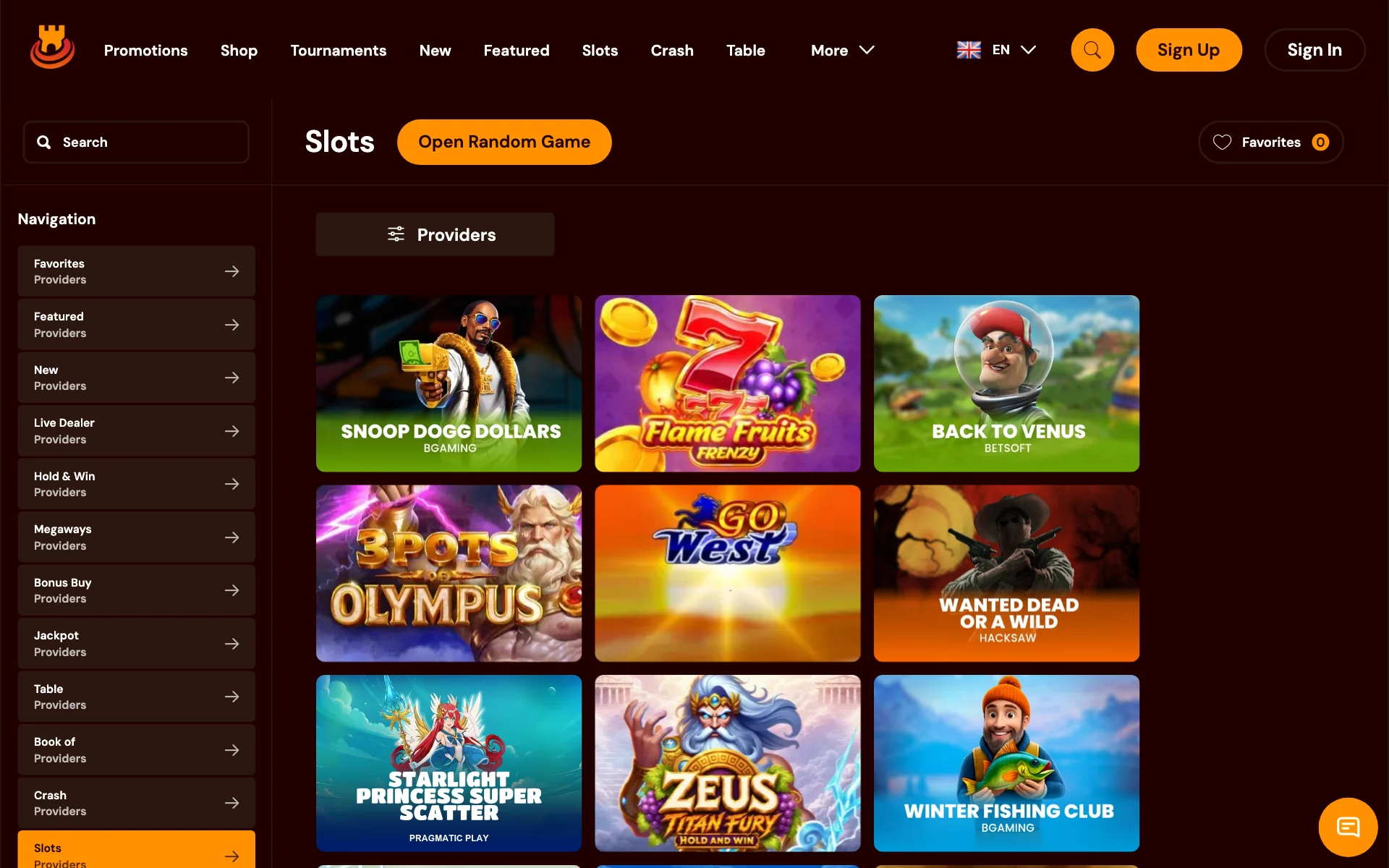 Spins Castle slots lobby with the providers filter